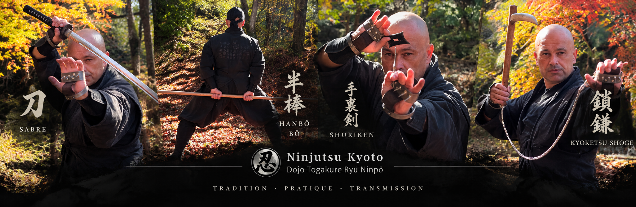 Togakure Ryū Ninpō traditional weapons: sword, hanbō, bō, shuriken and kyoketsu shoge